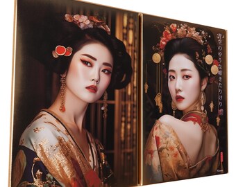 Japanese gold geisha DS0651 by artist Ksavera - set of 2 giclee prints on stretched canvas, black or gold edges. READY to HANG - diptych