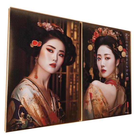 Japanese gold geisha DS0651 by artist Ksavera - set of 2 giclee prints on stretched canvas, black or gold edges. READY to HANG - diptych