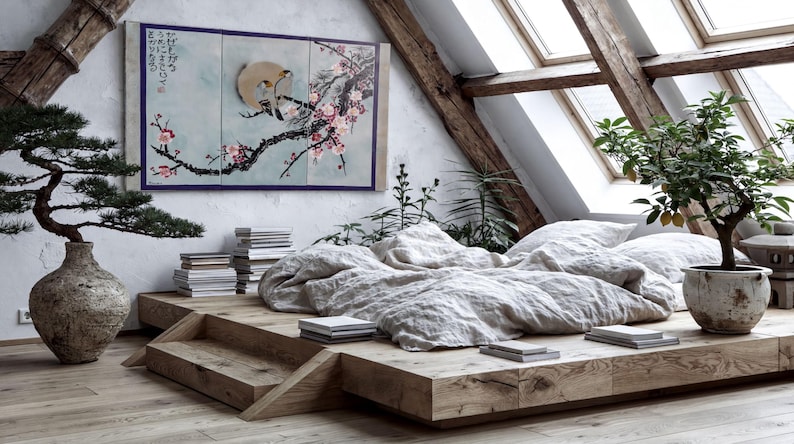 a serene and cozy bedroom with a large bed, a wooden platform, and a bonsai tree. The room is decorated with various books and potted plants, creating a warm and inviting atmosphere.