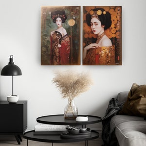 Japanese gold geisha DS0665 by artist Ksavera set of 2 giclee prints on stretched canvas, black or gold edges. READY to HANG diptych image 8