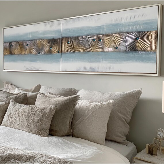 Abstract Grey Acrylic Painting A200 Gold Stripe Diptych Set of Two Canvases - Ksavera