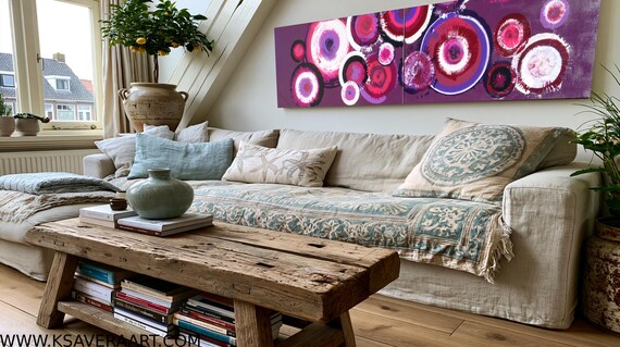 Abstract Violet Circles Diptych Painting A047 Set of 2 Canvas by Ksavera