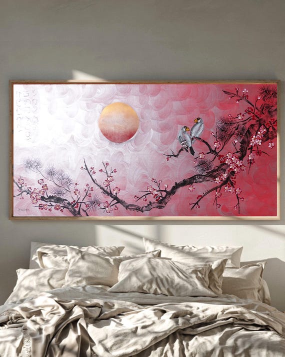Japanese Birds J515 | Original Acrylic Painting on Large Canvas | Contemporary Wall Art by Ksavera