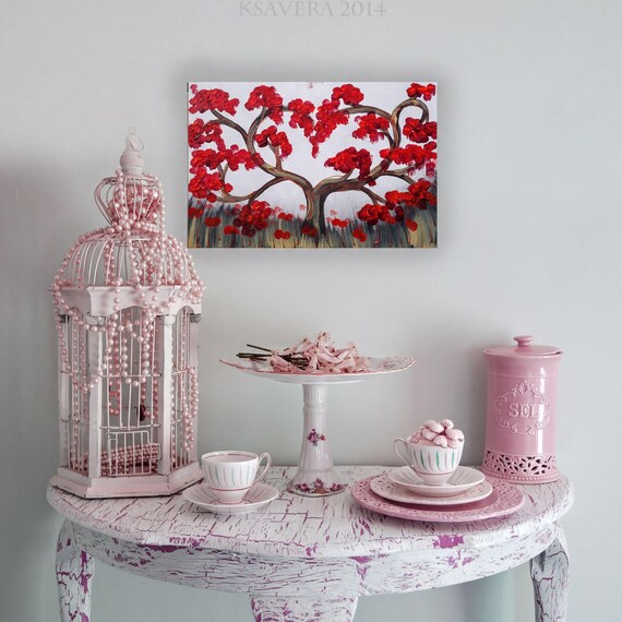 red cherry tree Painting Original small Art 28 KSAVERA 8"x12" Flowers Art Nouveau Sakura painting on canvas birthday for mom her