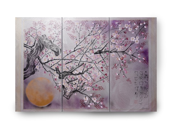 Japanese sakura J294 - silver lilac triptych, original painting, japanese style paintings by artist Ksavera