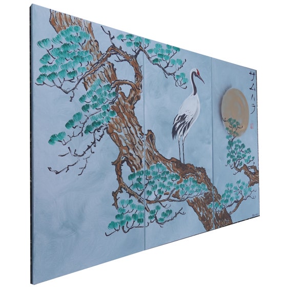 Japanese crane moon Japan Hieroglyph blue gold original artwork in japanese style J174 wall art by artist Ksavera