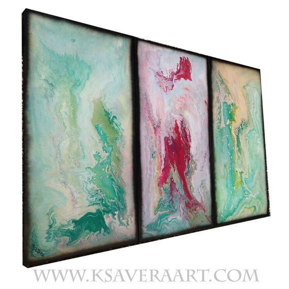 Green fluid triptych A1117 Abstract art - pouring Paintings on canvas - Original Contemporary Large Acrylic painting by Ksavera