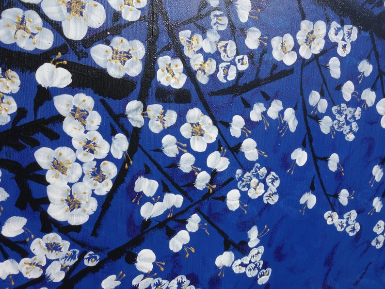 The image is a painting of white flowers on branches against a blue background.