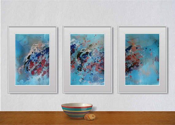 Set of 3 Fluid abstract original paintings on paper A4 - 18J032