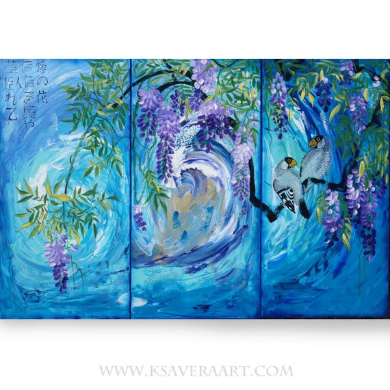 Japanese wisteria J389 by artist Ksavera - blue triptych, original japanese style acrylic paintings, impasto