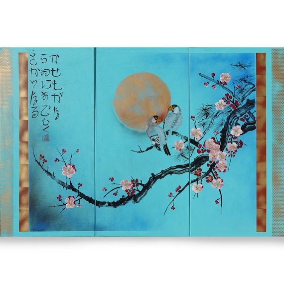 Japanese painting sakura branch sun and birds Japan Hieroglyph original artwork in japanese style J189 wall art by artist Ksavera