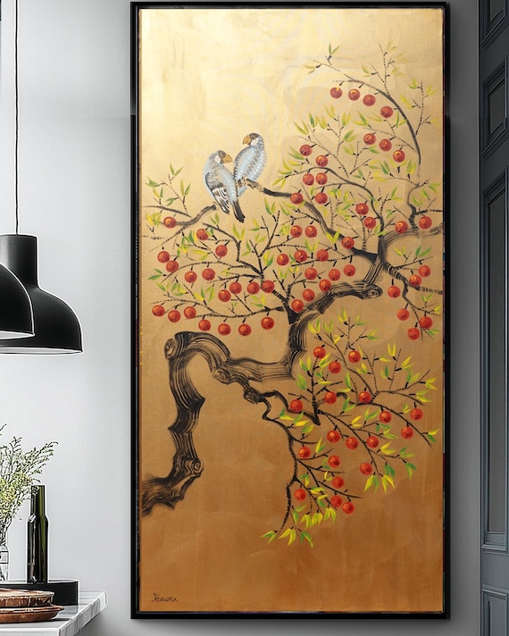 Loving Birds and Apple Tree J542 | Large Vertical Gold Japanese Painting | Ksavera