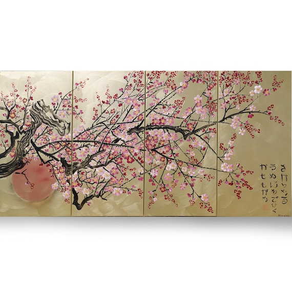 Japanese Cherry Blossom 4本 Sakura Cherry Blossom Canvas Art J243 Gold Set of Four Panels by