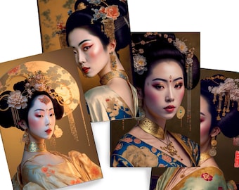 Geisha japonesa DS0134 de Ksavera - Juego de impresión digital de 4 - Impresiones de bellas artes - Impreso en papel fotográfico brillante de primera calidad