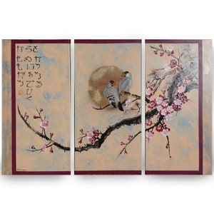 Japanese painting sakura branch sun and birds Japan Hieroglyph original artwork in japanese style J181 wall art by artist Ksavera image 2