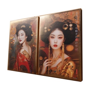 Japanese gold geisha DS0666 by artist Ksavera set of 2 giclee prints on stretched canvas, black or gold edges. READY to HANG diptych image 4