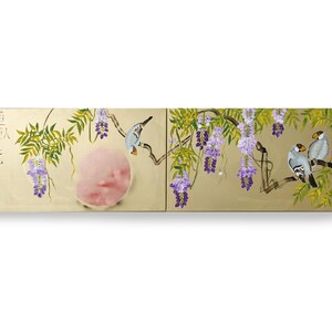 The image is a painting featuring a group of birds perched on branches with purple flowers. The painting is divided into two sections, with one section showing a pink flower and the other section depicting birds in flight.