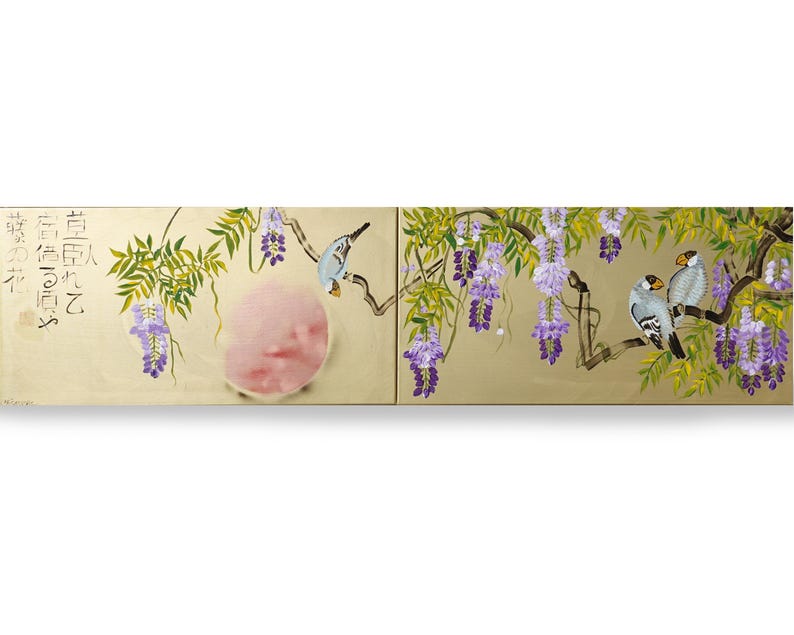 The image is a painting featuring a group of birds perched on branches with purple flowers. The painting is divided into two sections, with one section showing a pink flower and the other section depicting birds in flight.