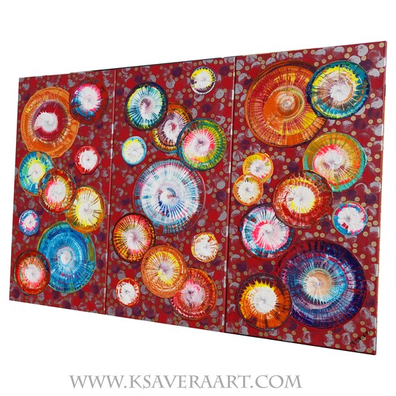 Red rainbow circles triptych - large abstract paintings A1238 - contemporary wall art - modern acrylic paintings by artist Ksavera