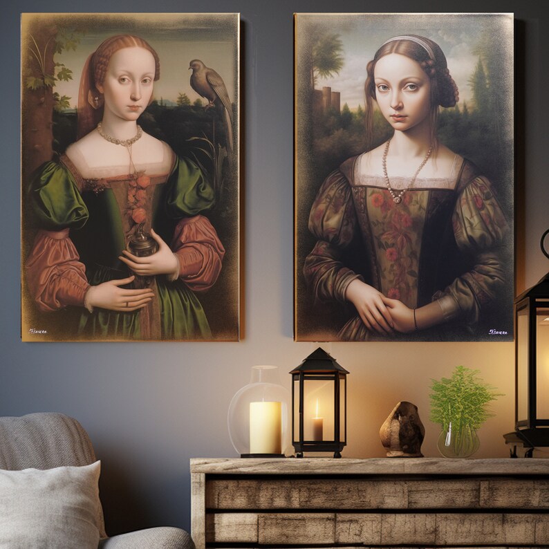 May include: Two framed paintings of women in Renaissance-style clothing. The woman on the left is wearing a green and red dress and holding a small object. The woman on the right is wearing a brown and gold dress and has her hands clasped in front of her.