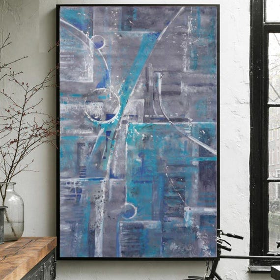 Modern Abstract Painting, Gray Teal Acrylic wall art 100x160 cm by Airinlea