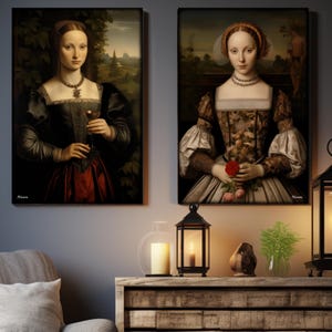 two large paintings of women in period attire, hanging on a wall above a wooden table with various decorative items.