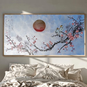 Love Birds and Sakura J505 — pearl blue Japanese Painting | Large Acrylic on Canvas | Ksavera