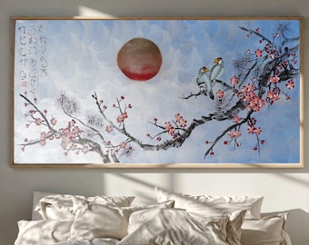 Love Birds and Sakura J505 — pearl blue Japanese Painting | Large Acrylic on Canvas | Ksavera