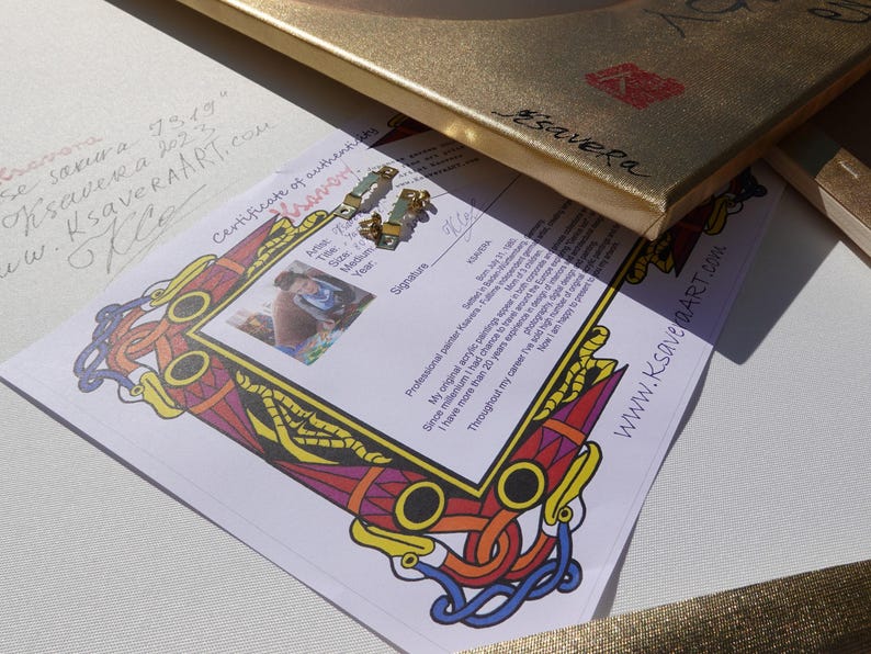 a certificate of authenticity for a painting, with a colorful frame and a website address.