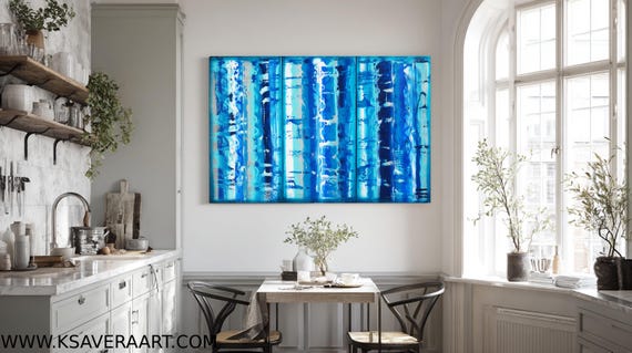 Blue Abstract Wall Art Triptych A608 - Hand Painted, Three Panels - Ksavera