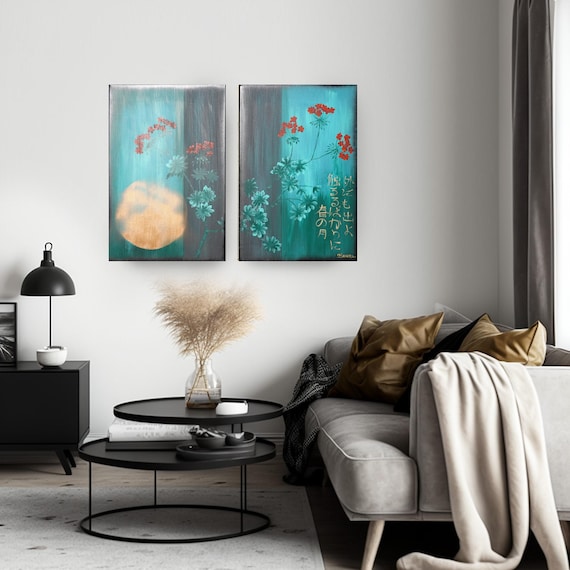 Japanese moon J291 - gold emerald diptych, original acrylic painting, japanese style paintings by artist Ksavera