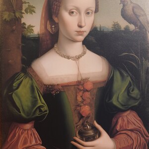 May include: A woman with red hair and a pearl necklace wears a green and burgundy dress with a floral pattern. She holds a silver object in her right hand. A dove is perched on a branch in the background.
