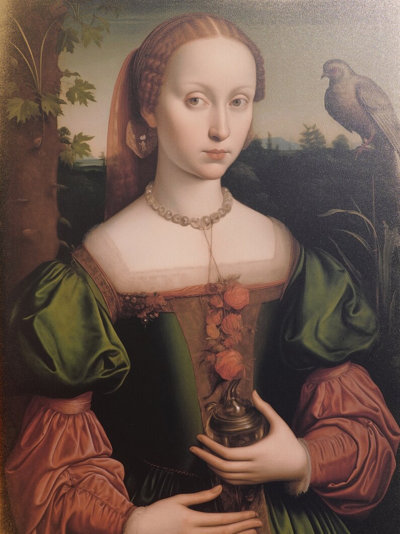May include: A woman with red hair and a pearl necklace wears a green and burgundy dress with a floral pattern. She holds a silver object in her right hand. A dove is perched on a branch in the background.
