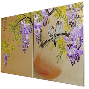 The image is a painting featuring two birds perched on branches with purple flowers. The painting is set against a background that includes a large orange circle and some text.