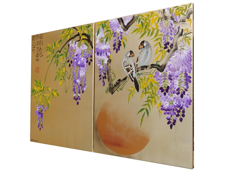 The image is a painting featuring two birds perched on branches with purple flowers. The painting is set against a background that includes a large orange circle and some text.