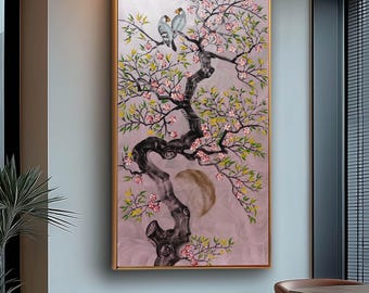 Sakura Love Birds J534 | Large Vertical Silver Lilac Japanese Painting | Ksavera