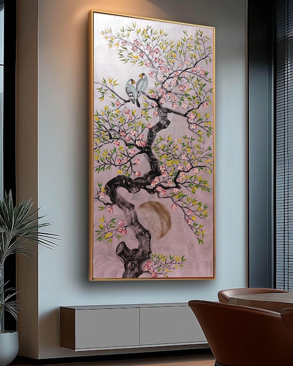 Sakura Love Birds J534 | Large Vertical Silver Lilac Japanese Painting | Ksavera