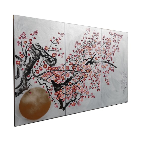 Silver sakura J406 Japan art cherry blossom Japanese style painting canvas original acrylic paintings gold wall art by artist Ksavera