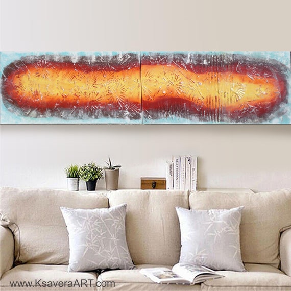 LONG textured orange turquoise abstract art Ice & Lava Large paintings acrylic on stretched canvas modern wall art