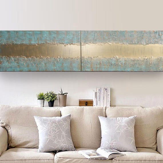 Gold & Patina Abstract Painting Diptych A443 Textured Acrylic Canvas Set by Ksavera