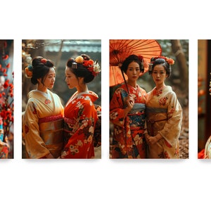 Puede incluir: Cuatro im&aacute;genes de mujeres con kimonos japoneses tradicionales. Las mujeres lucen peinados elaborados y adornos florales. Los kimonos presentan colores vibrantes y estampados florales, con el rojo y el dorado como protagonistas. Una imagen incluye un parasol rojo.