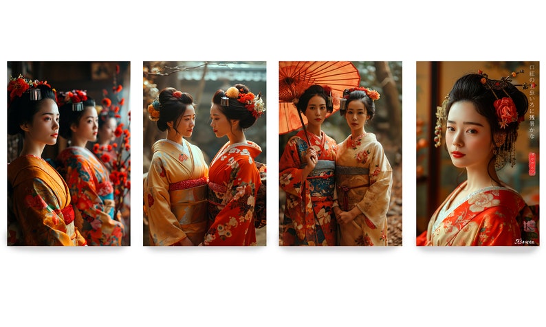 Puede incluir: Cuatro im&aacute;genes de mujeres con kimonos japoneses tradicionales. Las mujeres lucen peinados elaborados y adornos florales. Los kimonos presentan colores vibrantes y estampados florales, con el rojo y el dorado como protagonistas. Una imagen incluye un parasol rojo.