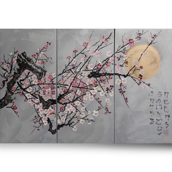 Japanese sakura J216 - large silver triptych, original art, japanese style paintings, cherry blossoms