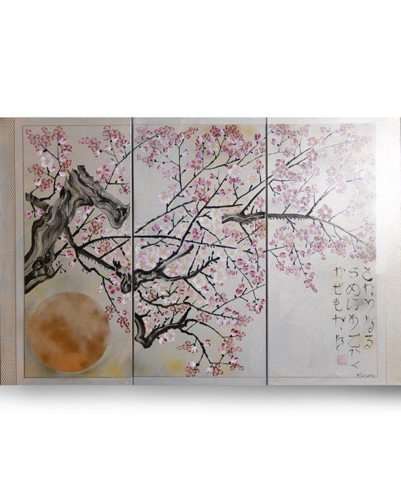 Japanese sakura J293 - silver lilac triptych, original painting, japanese style paintings by artist Ksavera