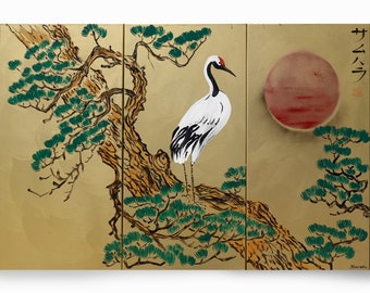 Japanese cranes  サムハラ Samuhara Japan art Japanese style painting J197 Large paintings 100x150 cm gold acrylic paintings by artist Ksavera