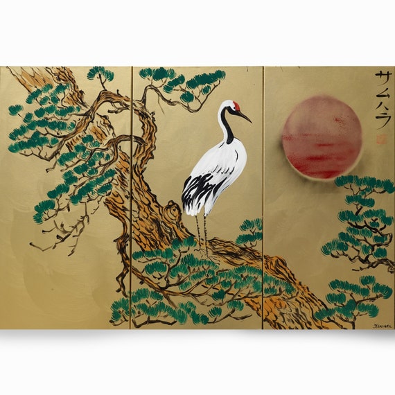 Japanese cranes  サムハラ Samuhara Japan art Japanese style painting J197 Large paintings 100x150 cm gold acrylic paintings by artist Ksavera