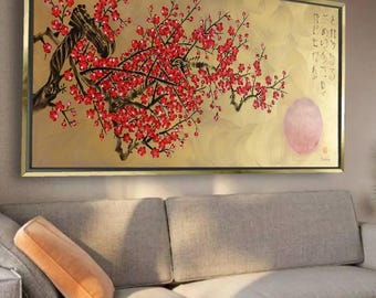 Japanese Birds J525 | Original Acrylic Painting on Large Canvas | Contemporary Wall Art by Ksavera