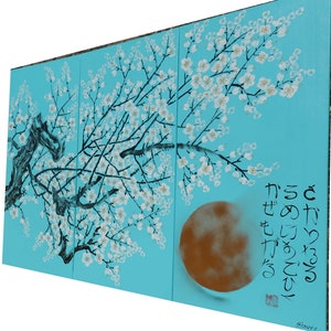 Japanese Sakura J306 cherry blossom triptych large original acrylic painting in turquoise by the artist Ksavera. image 5