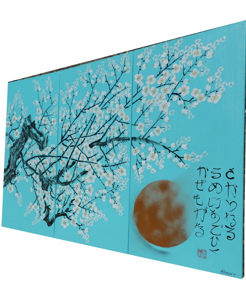 Japanese Sakura J306 cherry blossom triptych large original acrylic painting in turquoise by the artist Ksavera. image 5