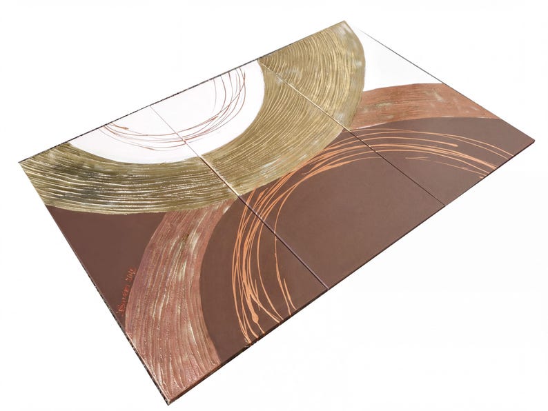 The image is a rectangular canvas with abstract art featuring brown and gold colors, including curved lines and swirls.